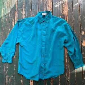 Teal blue silk button up blouse with 3/4 sleeves and a collared neckline SILK
